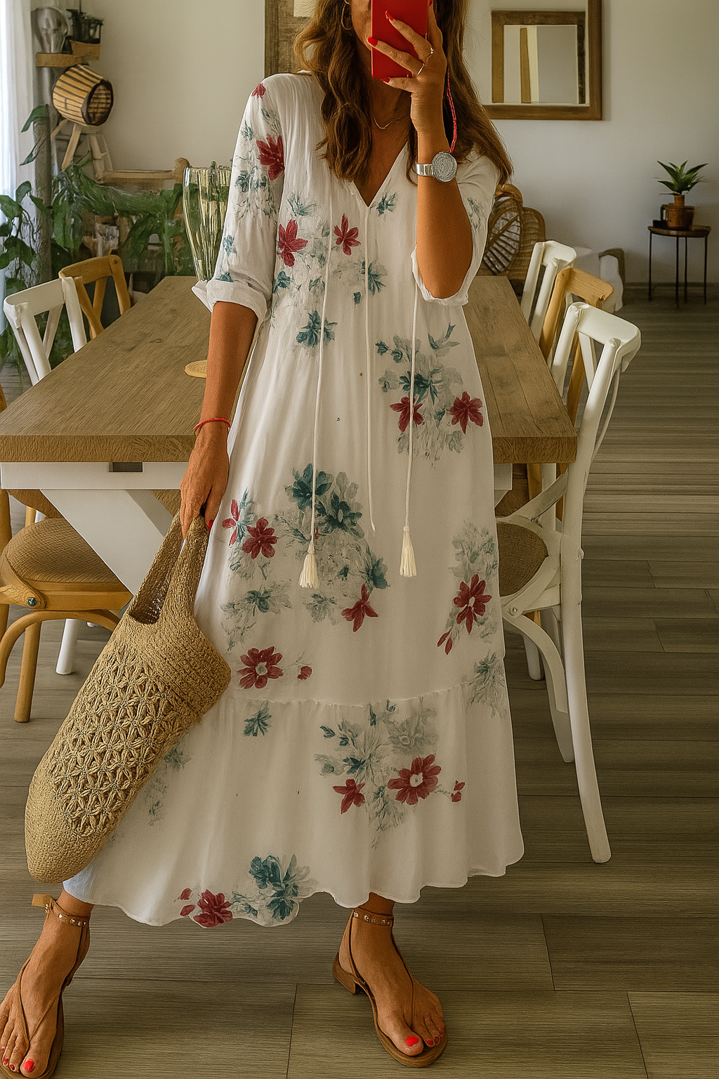 Boho Vintage V-ringad Klänning – Frigör Din Fria Ande