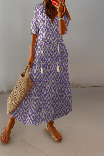 Boho Vintage V-ringad Klänning – Frigör Din Fria Ande