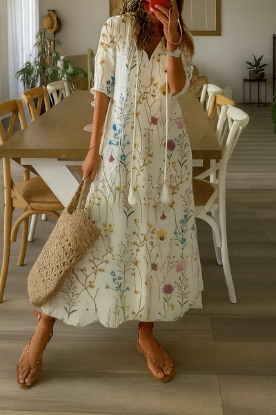 Boho Vintage V-ringad Klänning – Frigör Din Fria Ande