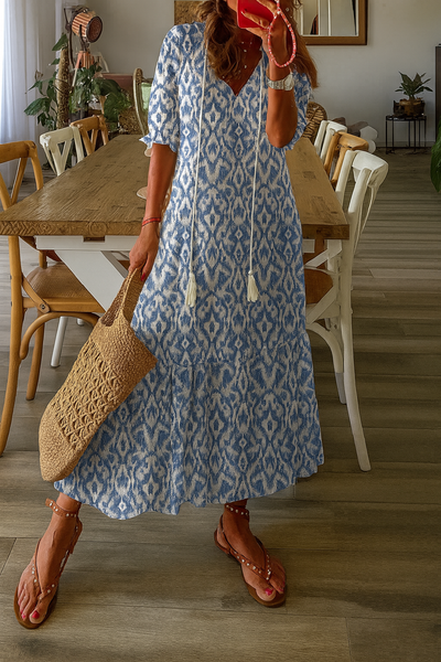 Boho Vintage V-ringad Klänning – Frigör Din Fria Ande