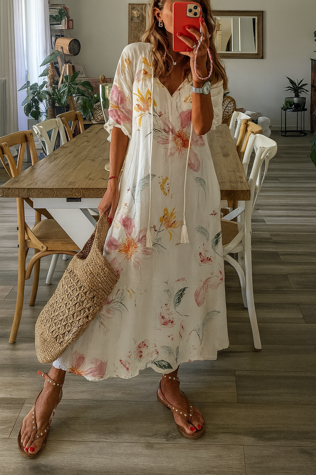 Boho Vintage V-ringad Klänning – Frigör Din Fria Ande