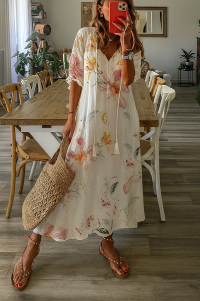 Boho Vintage V-ringad Klänning – Frigör Din Fria Ande