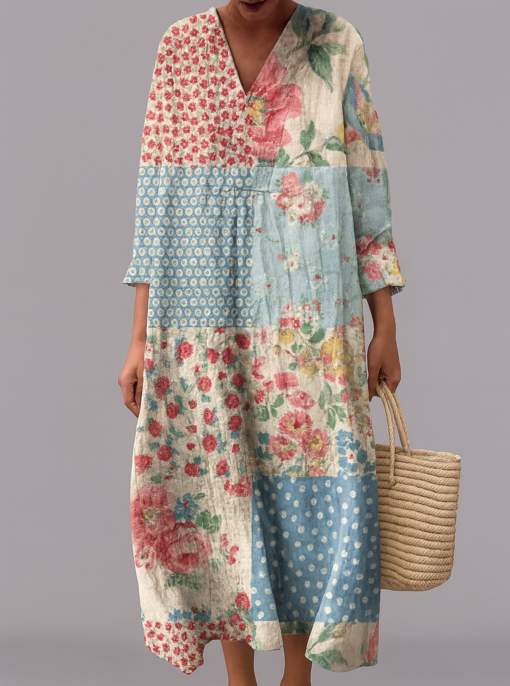 Blommig Patchwork Klänning – Fantasifull Charm, Enkel Passform