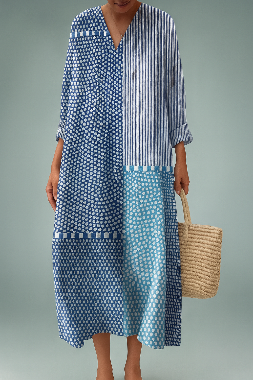 Patchwork Dot Klänning – Lugna Blåtoner, Kreativ Komfort
