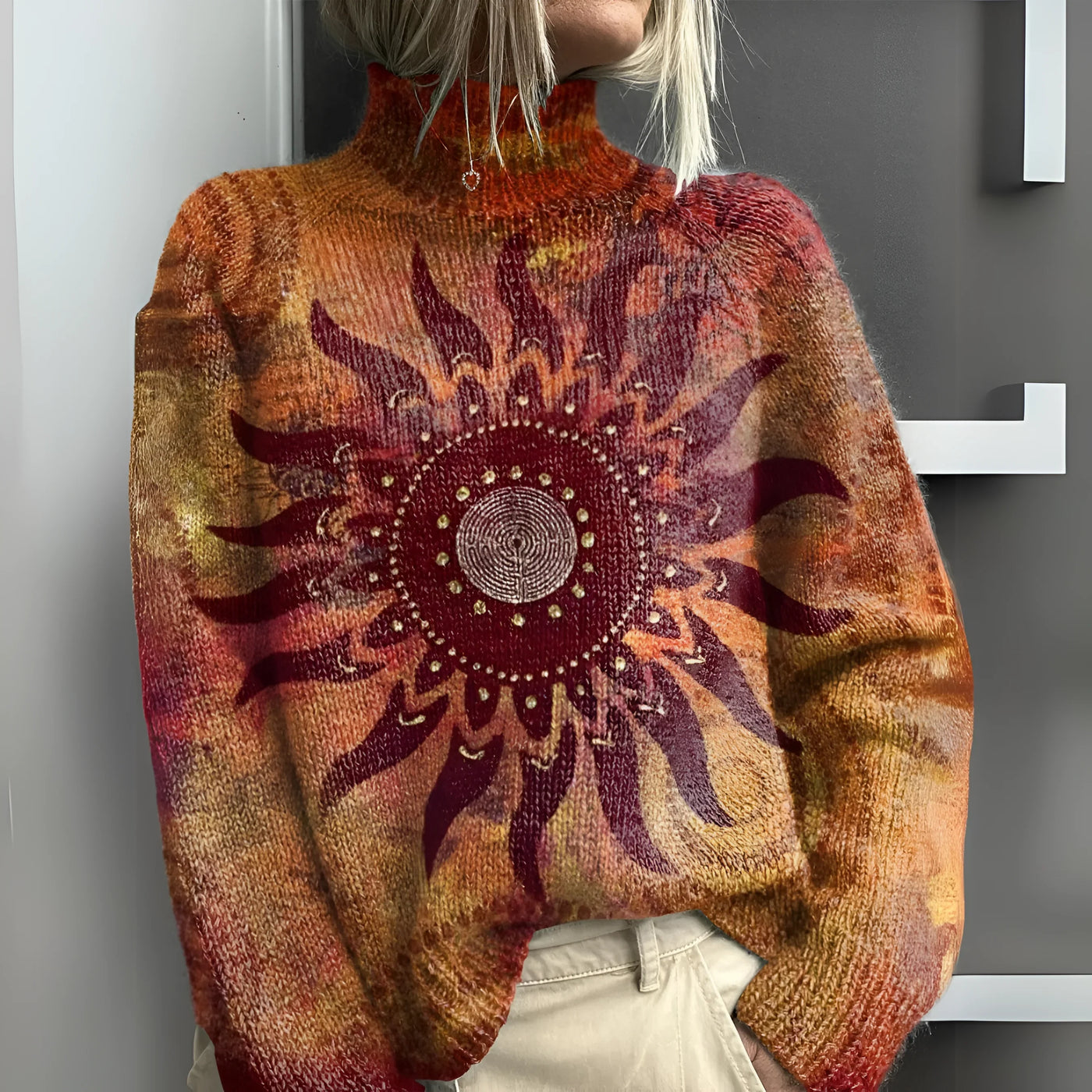 Tribal Sun-Turtleneck-tröja – Omfamna konstnärlig värme och kraft