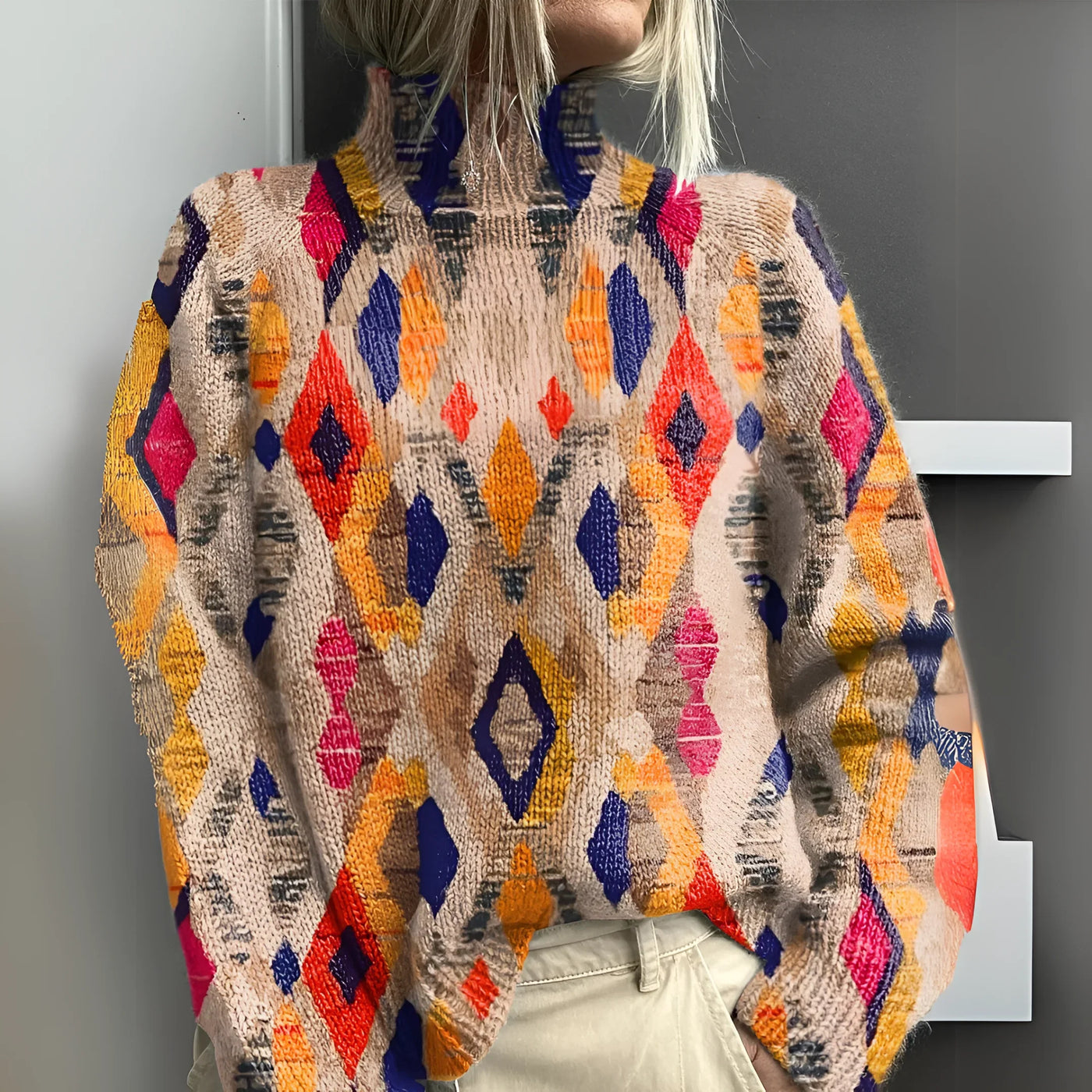 Turtleneck-tröja med geometriskt mönster – Stick ut med djärv geometri